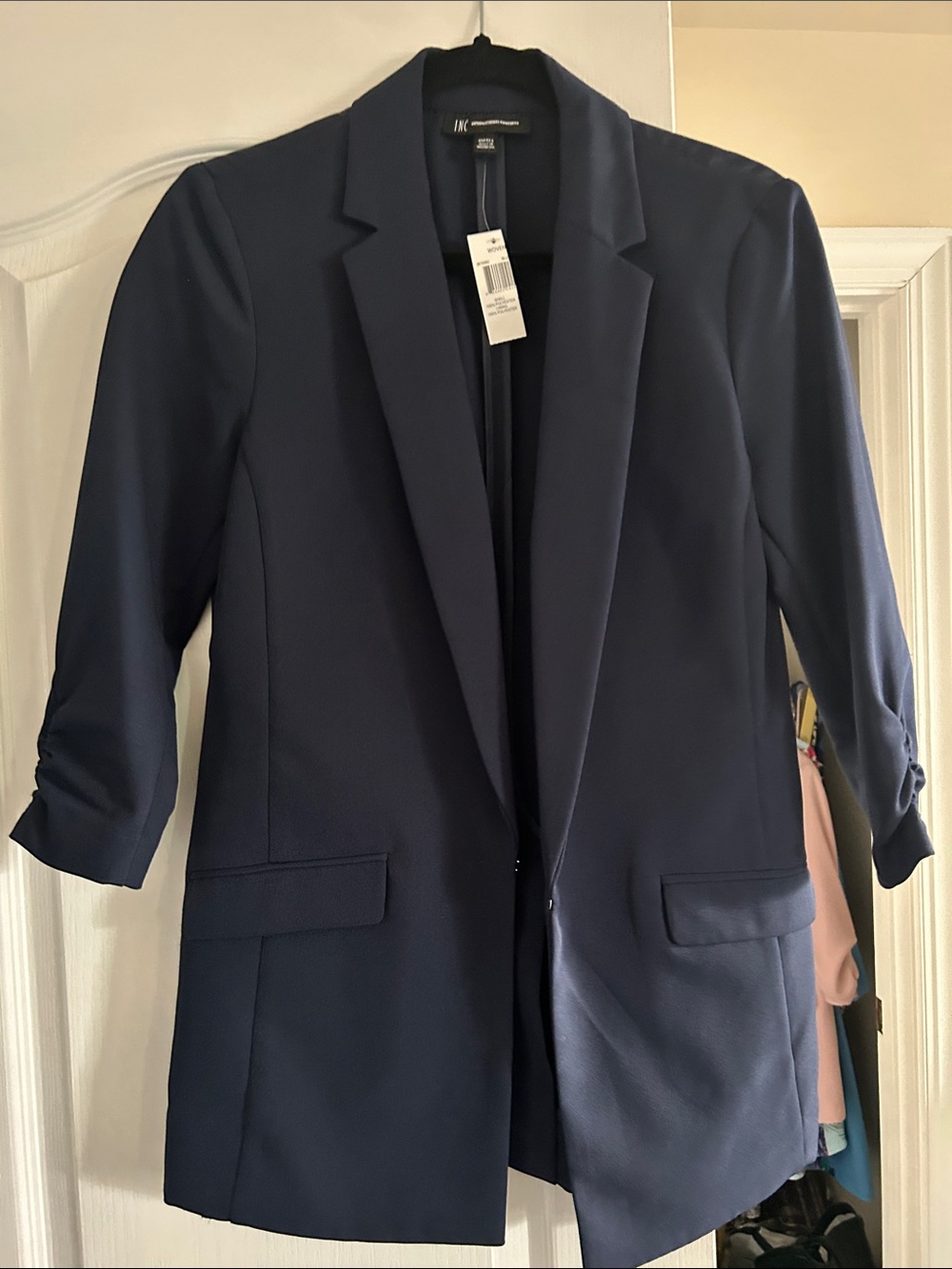 INC International Concepts Navy Open Blazer with Ruched 3/4 Sleeves - Picture 2 of 7